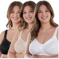 Bestform Satin Trim Wire-Free Cotton Bra With Unlined Cups 3 Pack - Black/Nude/White