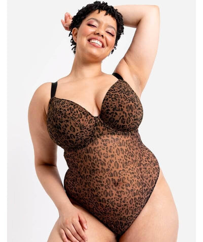 Curvy Kate Cool Cat Plunge Bodysuit - Leopard Brown Bodysuits & Basques