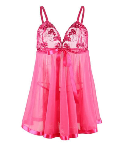 Curvy Mesh & Lace Cup Babydoll Nightdress with G-String - Pink Babydoll / Chemise