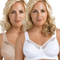 Exquisite Form Fully Cotton Soft Cup Wire-Free Bra With Lace 2 Pack - Damask Neutral/White