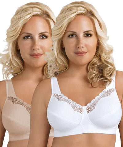 Exquisite Form Fully Cotton Soft Cup Wire-Free Bra With Lace 2 Pack - Damask Neutral/White Bras