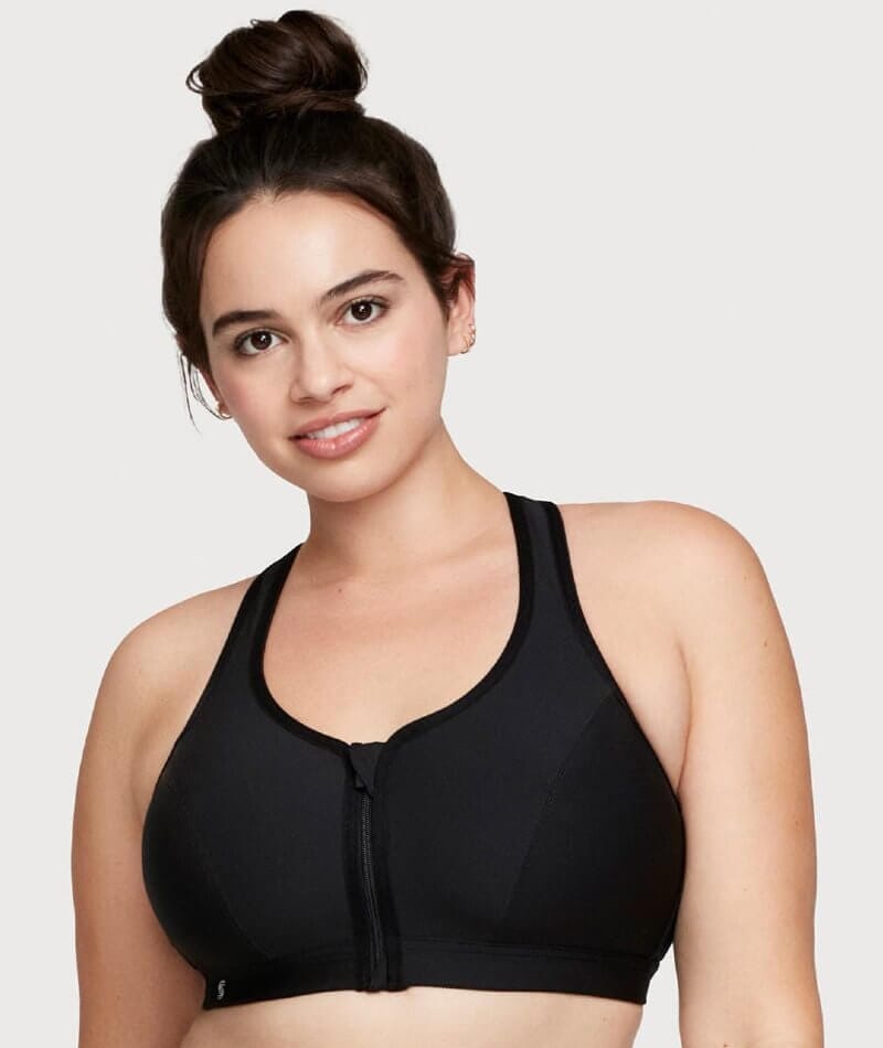 Glamorise Zip Up Front-Closure Wire-free Sports Bra - Black - Curvy Bras