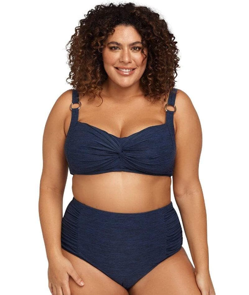 NEW M&S DD+ PLUNGE BIKINI TOP WITH XTRA LIFE LYCRA & MOULDED CUPS 36F NAVY  MIX