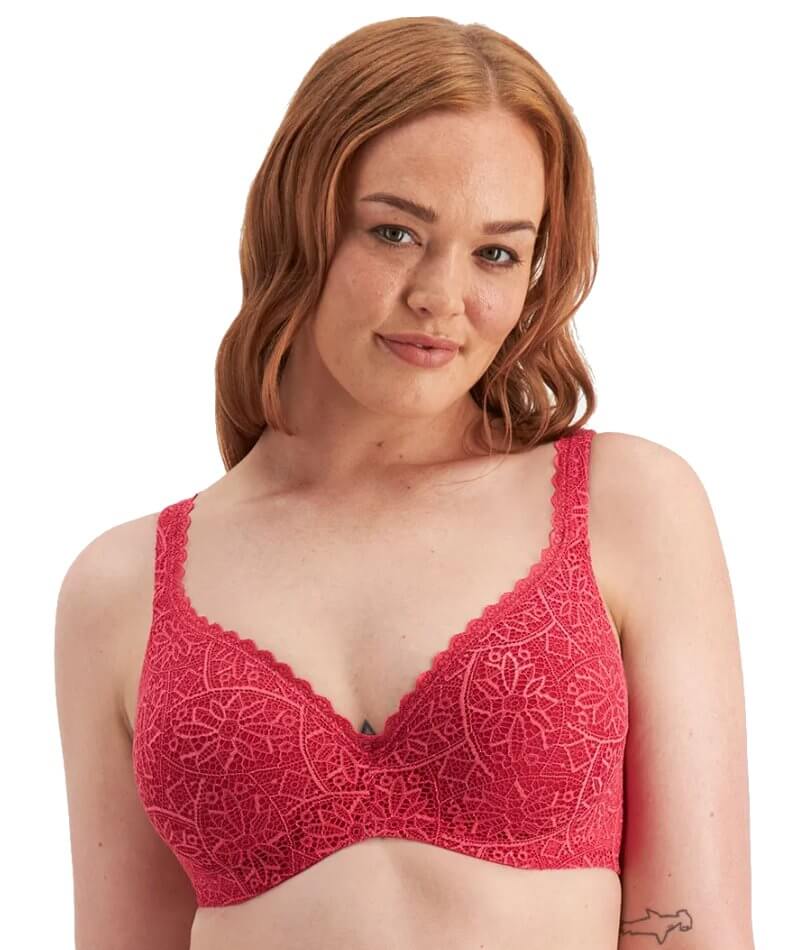 A barely there red lace number.  Pretty bras, Barely there bras, Bra