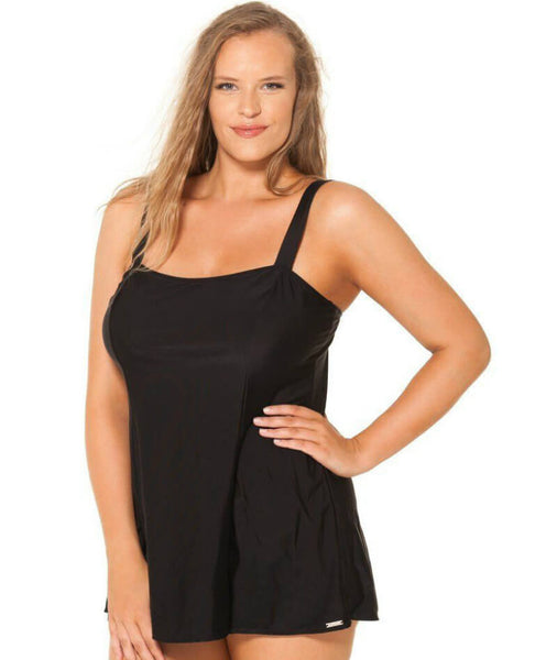 Capriosca Chlorine Resistant Panelled Wide Strap Swim Dress - Black - Curvy  Bras