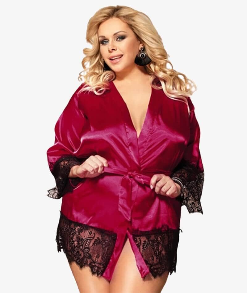 Curvy All Over Lace Long Sleeve Short Robe Sleepwear with Thong
