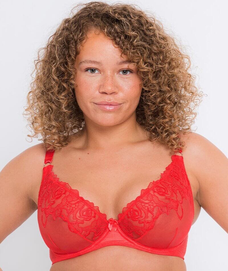 Embroidered Mesh Bralette - Candy red