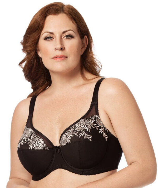 Elila Embroidered Microfiber Underwired Bra Black Silver Curvy Bras 