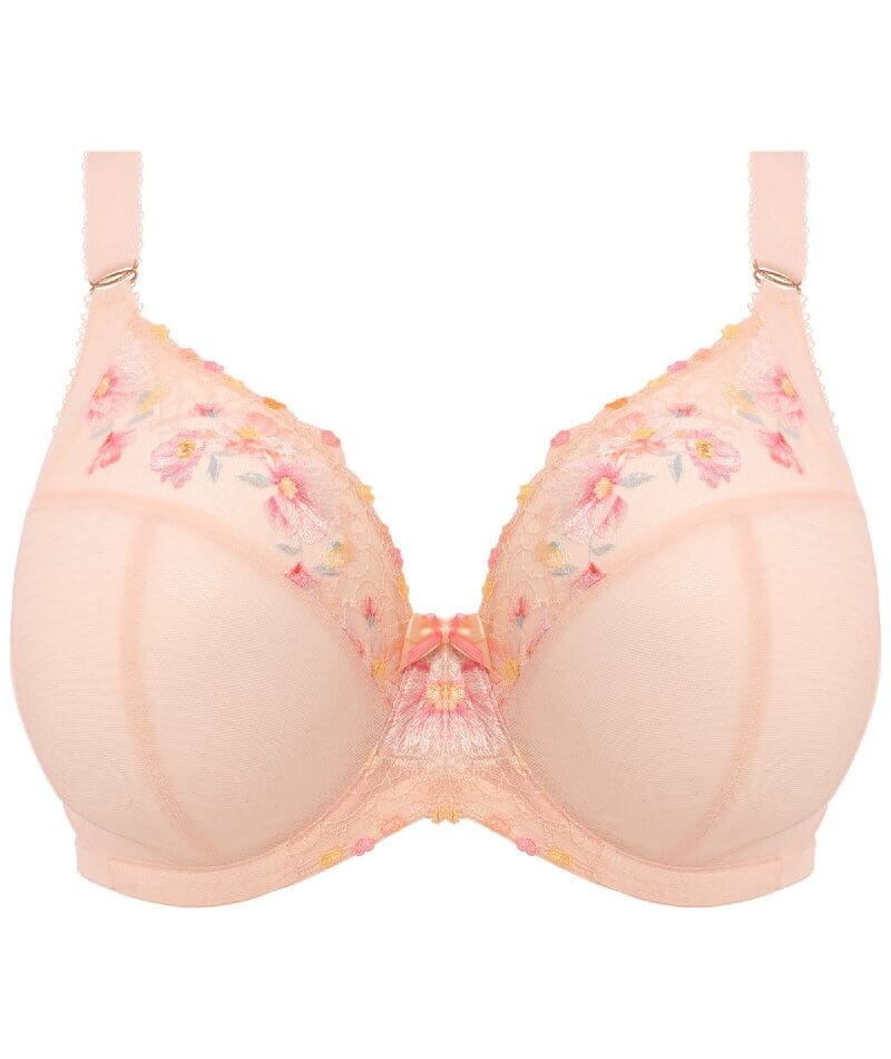 Elomi 38DDD Underwire Unlined Bra Pink Embroidered Mesh Ruched Straps Bow  Blush