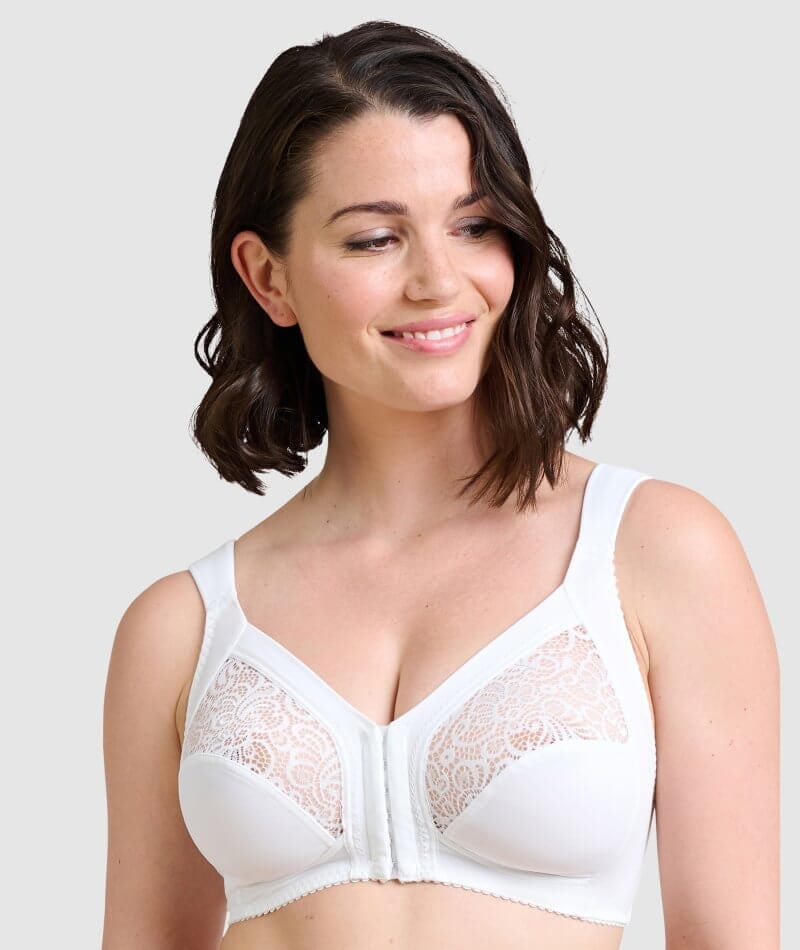 Womens Plus Size Soft Cotton Lace Bra Full Coverage Wirefree Non-Padded  38-DD White