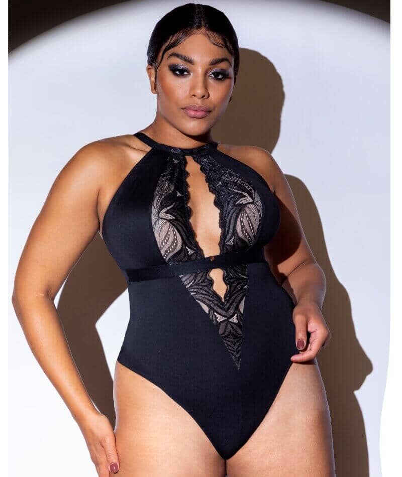 Curvy Couture Womens Plus Size No Show Lace Bodysuit Black Hue 3xl