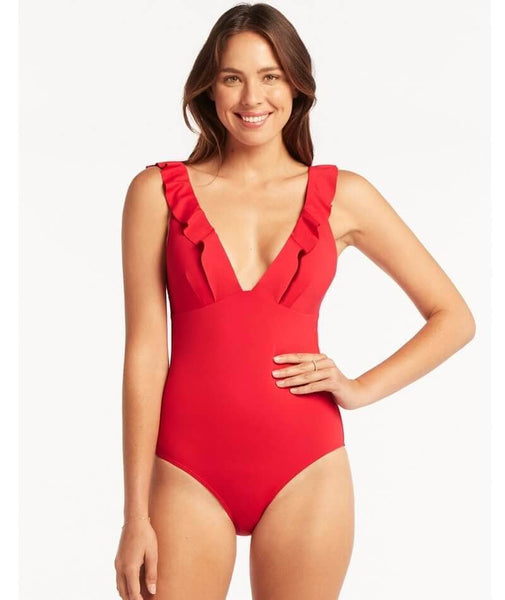 Caicos plunge swimsuit, Red Mix
