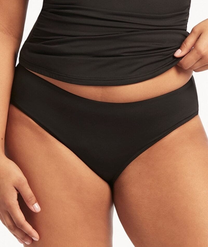 Fashnice Ladies Swimsuit Elastic Waist Swim Briefs Solid Color Pleated Bikini  Bottoms Ruched Surfing Black XL 