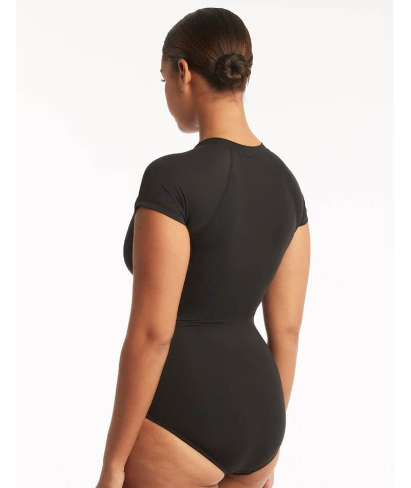 Black Short Sleeve Open Back Swimsuit