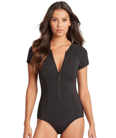 Women's Short Sleeve Swim Shirt With Built In Bra And Bottom-Black