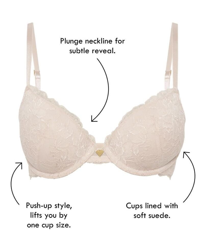 Romantic push-up bra, lace overlay, intricate pattern, A to G-cup