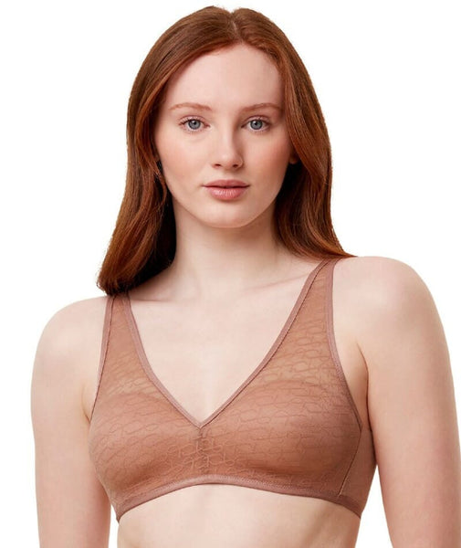 Sheer Plunging Lace Bralette, Toasted Almond
